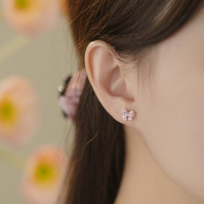 D廠【YC2442E】S999足銀蝴蝶結鋯石耳環 清新文藝韓風韓式小眾溫柔耳飾 25.06-2