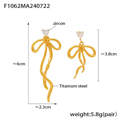 B廠【F1062】歐美chic風鋯石絲帶蝴蝶結流蘇耳環小眾甜美設計不對稱鈦鋼耳飾女 24.07-5