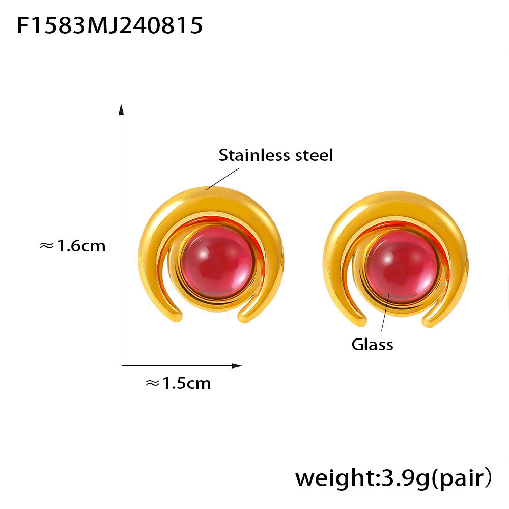 B廠【F1583】輕奢復古簡約半月玻璃石不銹鋼鍍18k金耳環小眾設計感耳飾品 24.08-4