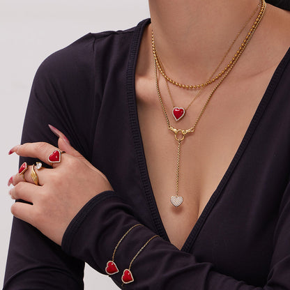 B廠【TXP551】歐美ins風簡約輕奢滴油紅愛心包邊鋯石吊墜項鍊手鍊耳環戒指套裝
 26.02-1