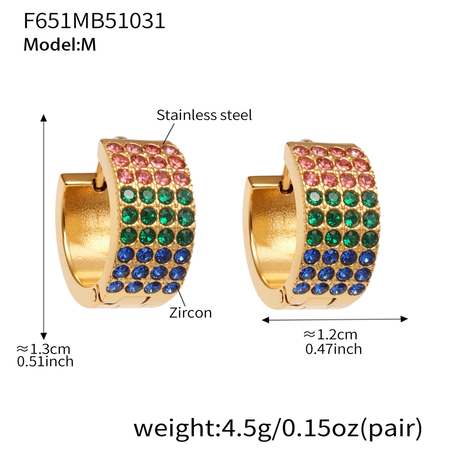 B廠【F651】彩鑽四排鋯石精緻卡扣耳環不鏽鋼鍍18k金時尚百搭個性耳飾
 25.11-1