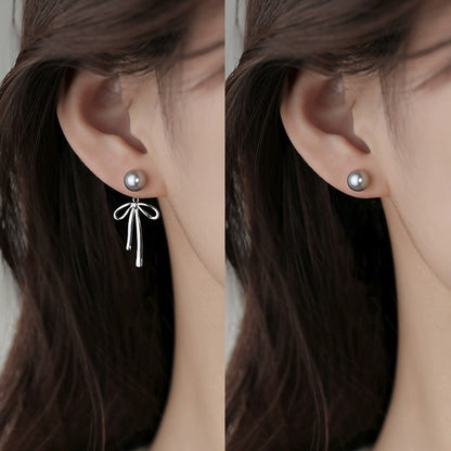 E廠【DQ11276E】S925純銀法式輕奢正圓灰珍珠耳環清冷感蝴蝶結耳環後掛式耳環
 25.09-4
