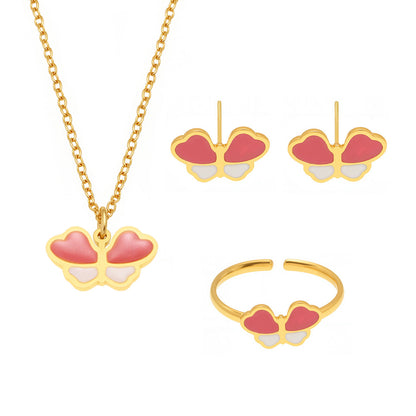 B廠【TXP260】歐美不銹鋼小蝴蝶滴油兒童飾品套裝耳環戒指手鍊項鍊不掉色 25.05-5