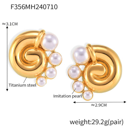 B廠【F356】歐美小眾螺紋漩渦仿珍珠耳環復古氣質設計爆款耳飾鈦鋼鍍18K金女 24.07-3