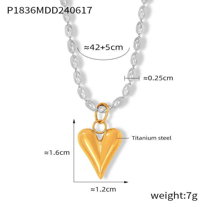 B廠【P1836】歐美ins輕奢小眾設計愛心米珠項鍊時尚氣質百搭鈦鋼鍍18k金鎖骨鏈 24.06-3