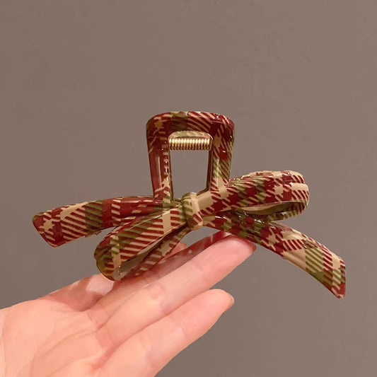 C廠【X53】美拉德格子蝴蝶結壓克力抓夾女後腦勺鯊魚夾復古大號髮夾頭飾夾子
 26.04-1