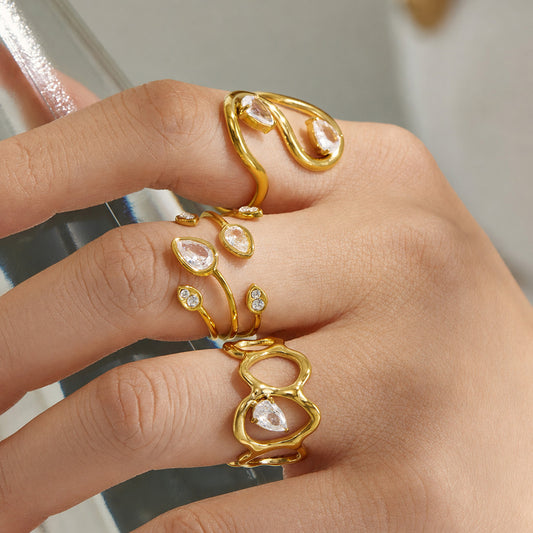 B廠【A281】幾何小眾風水滴鋯石指環不鏽鋼鍍金簡約時尚女食指戒戒指組合套裝
 26.09-1
