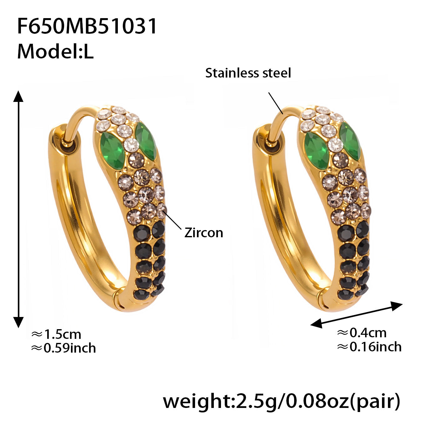 B廠【F650】彩色鋯石U形耳環不鏽鋼鍍18k真金蛇形滿鑽輕奢時尚百搭耳飾
 25.11-1