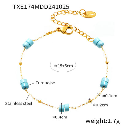 B廠【TXP174】飾品 歐美金珠圓柱藍松石手工項鍊手鍊雙層疊戴不銹鋼套裝 24.11-2