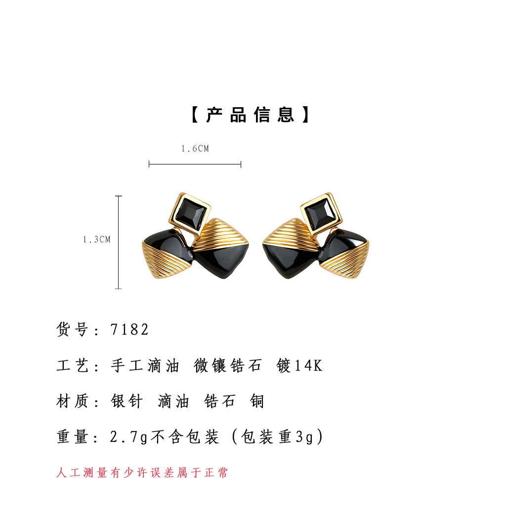 A廠【7182】原創時尚高級感925銀針黑色琺瑯滴釉幾何鋯石耳環女 通勤方形耳飾
 25.12-1