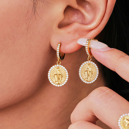 B廠【TXF325】超閃5A鋯石圓牌耶穌滿鑽設計耳環戒指組不鏽鋼18k鍍真金 25.08-2