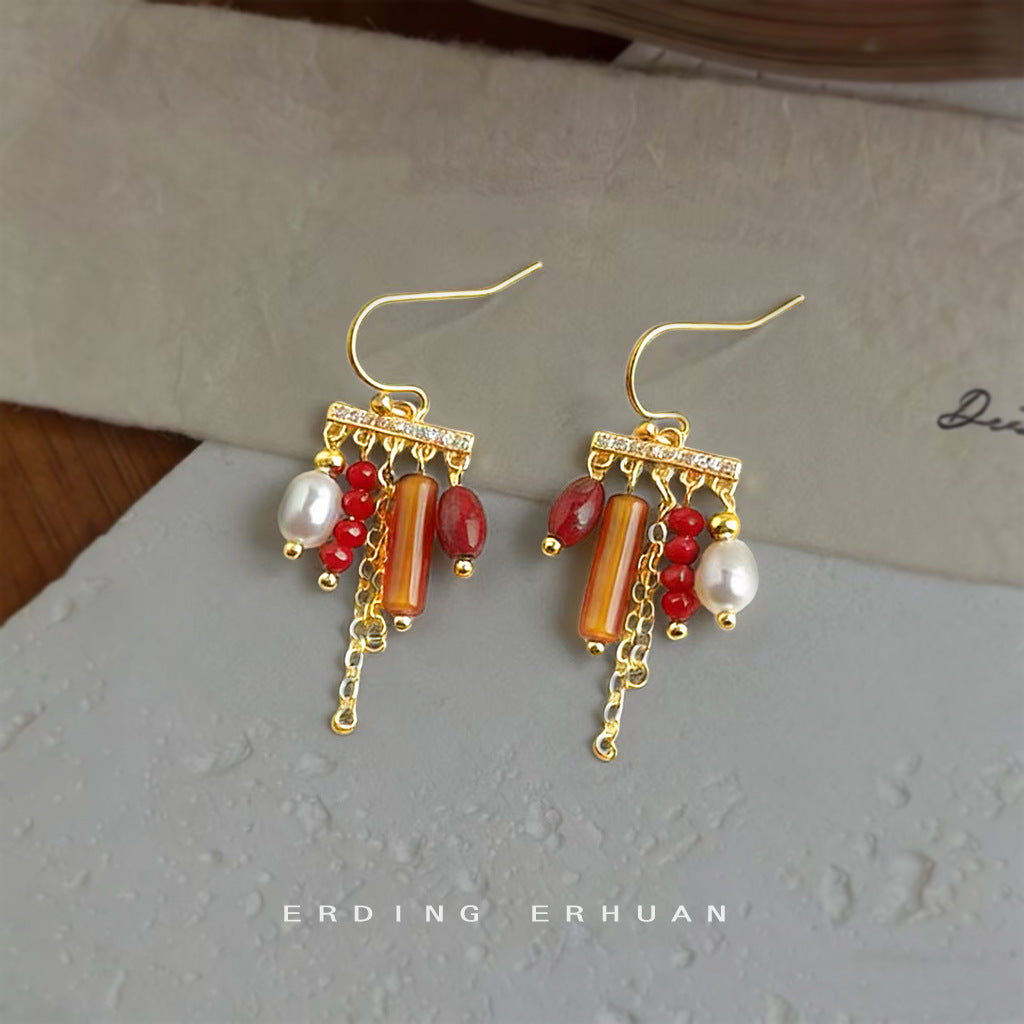 A廠【7322】文藝復古民族風手工藝設計微鑲鋯石流蘇天然石混搭耳飾淡水珍珠耳環
 26.01-2