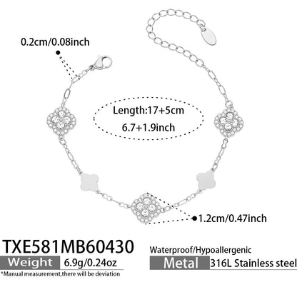 B廠【TXP581】四葉花滿鑽鋯石幾何項鍊手鍊chic歐美時尚輕奢百搭不鏽鋼首飾套裝
 26.05-2