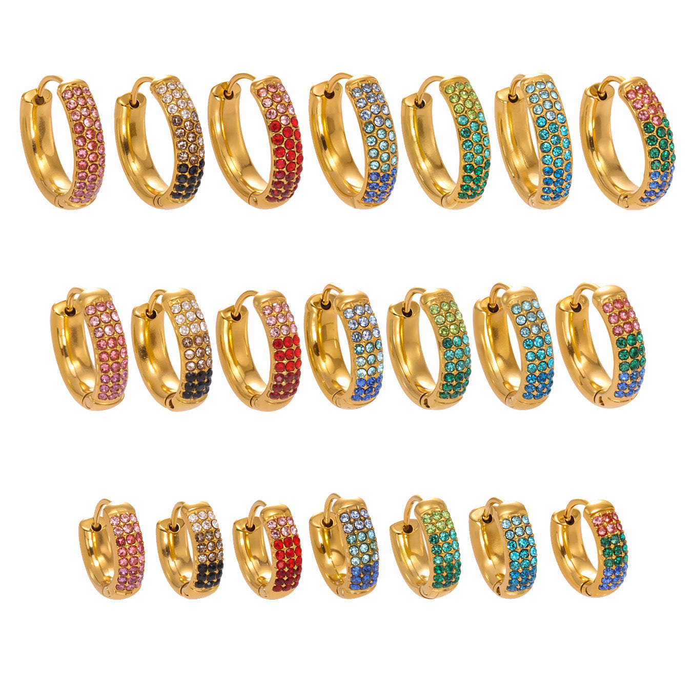 B廠【F728】高質感滿鋯三排鑽球面U型耳扣鍍18k真金輕奢百搭不鏽鋼耳環
 25.11-1