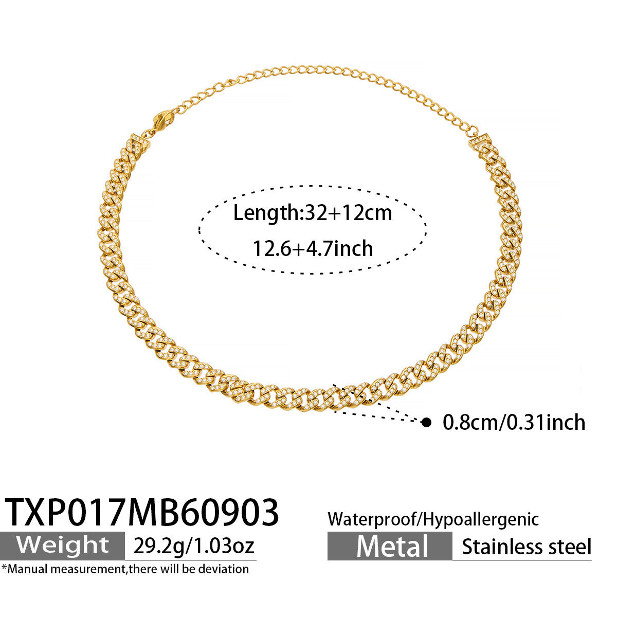 B廠【TXP017】跨境古巴鏈不銹鋼鍍金滿鋯石鎖骨鏈簡約小眾輕奢不掉色女項鍊手鍊
 26.09-2