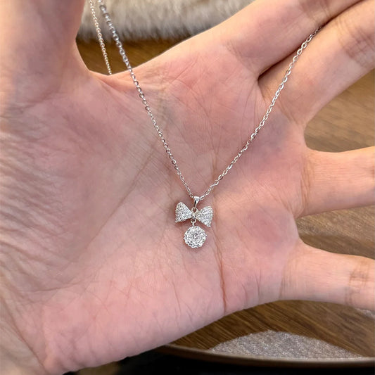 F廠【XDQ0749N】S925純銀韓系甜美蝴蝶結玫瑰切項鍊女小眾精緻閃鑽百搭鎖骨鏈
 25.11-2