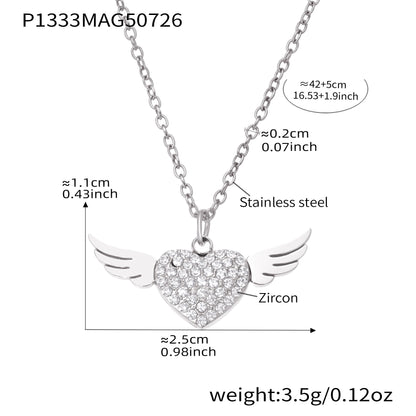 B廠【P1333】歐美飾品天使翅膀愛心鋯石雙層疊戴鎖骨項鍊不鏽鋼鍍18k金 25.08-1