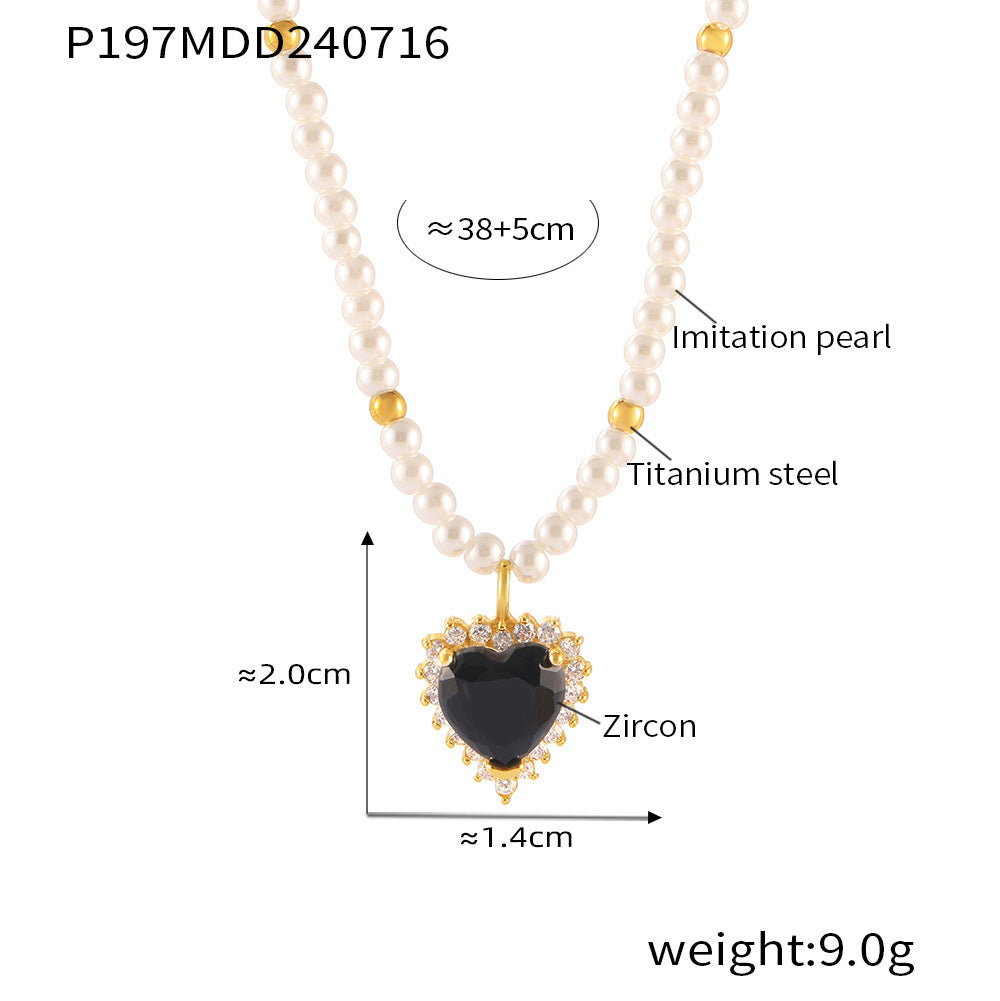 B廠【P197】赫本風新款桃心鑲鋯石吊墜鈦鋼鍍金串仿珍珠設計感清新簡約項鍊女 24.07-4
