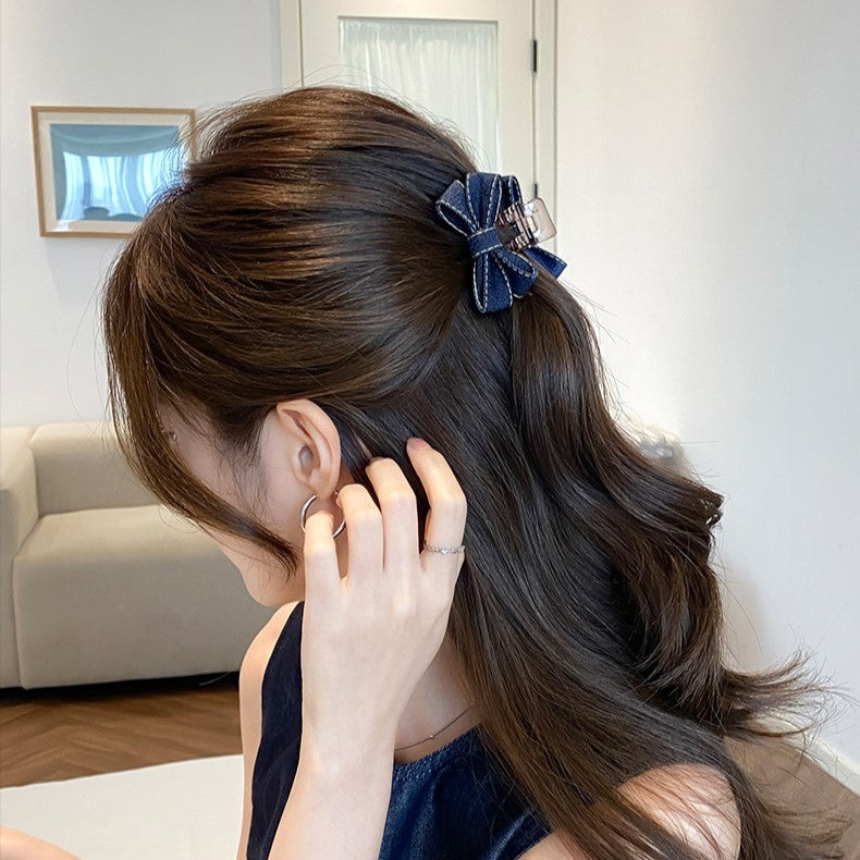 C廠【X643】牛仔藍蝴蝶結抓夾女高級感2026新款半紮夾後腦勺盤夾子頭飾
 26.07-5