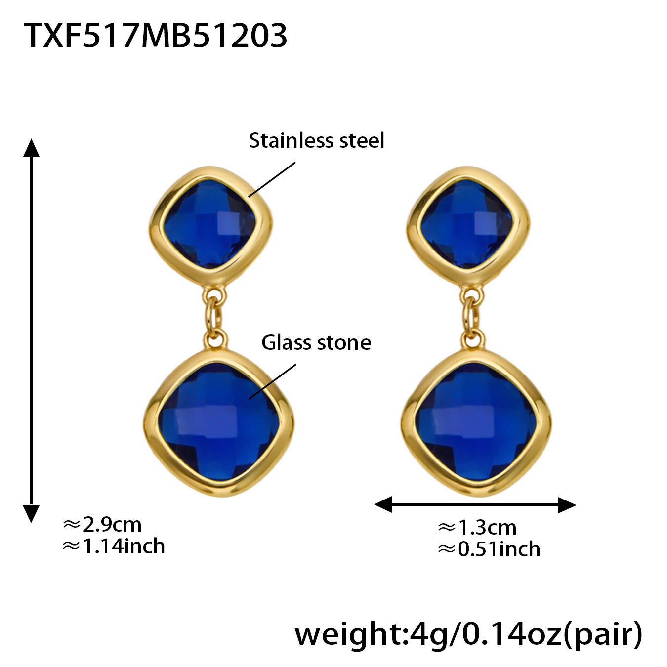 B廠【TXP517】不銹鋼方形切麵包邊玻璃石吊墜耳環項鍊手鍊珠寶首飾套裝鍍18k金
 25.12-2