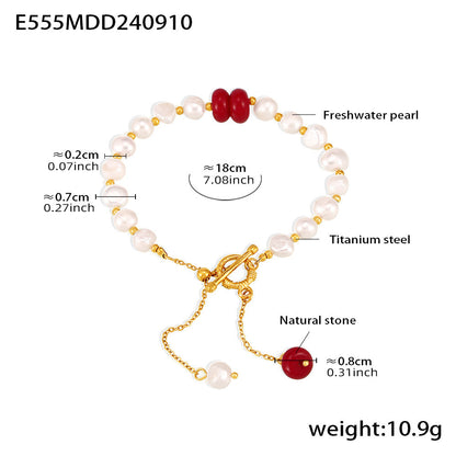 B廠【E555】淡水珍珠手鍊OT扣設計流蘇天然石新款氣質優雅鈦鋼手飾 25.04-1