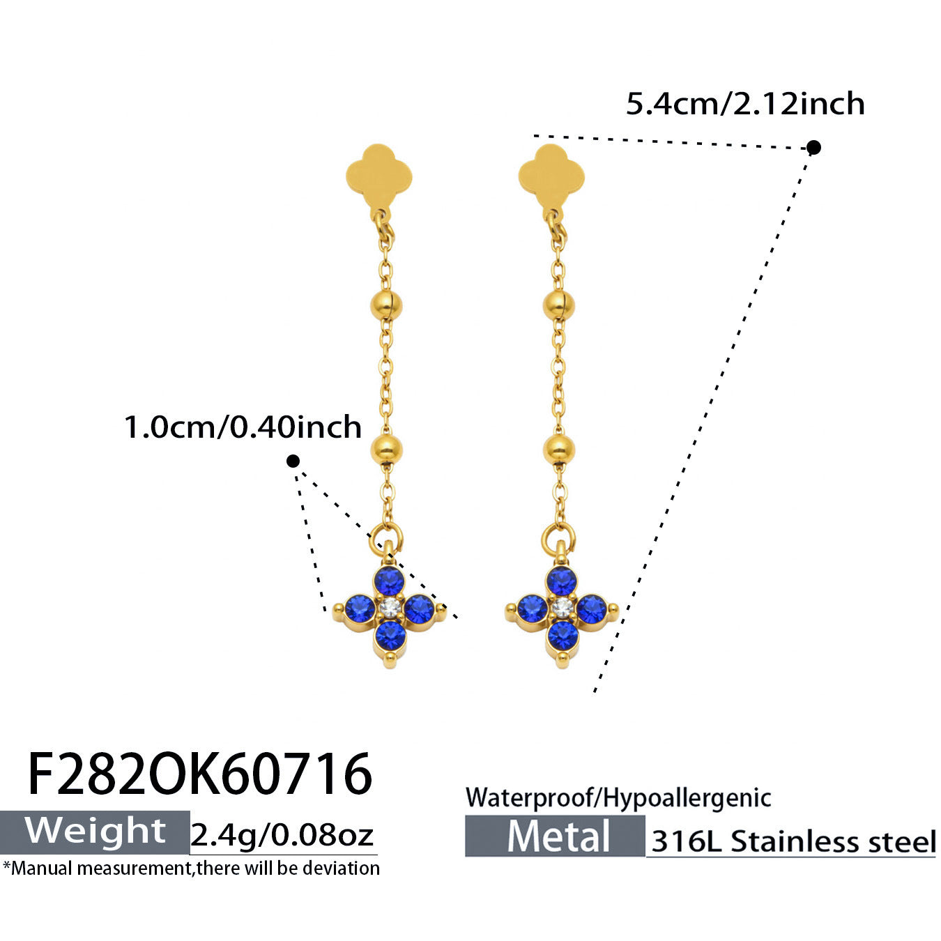 B廠【F282】歐美甜美風不鏽鋼鍍18k金 鑲嵌鋯石四葉花長吊墜耳環時尚飾品女
 26.07-4