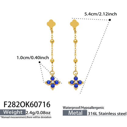 B廠【F282】歐美甜美風不鏽鋼鍍18k金 鑲嵌鋯石四葉花長吊墜耳環時尚飾品女
 26.07-4