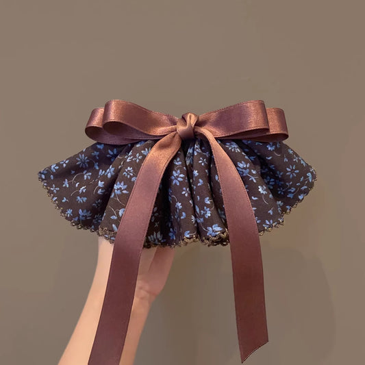 C廠【Y1058】復古氣質高級感碎花棕藍裙擺髮夾蝴蝶結彈簧夾髮卡秋冬新款頂夾女
 26.01-1