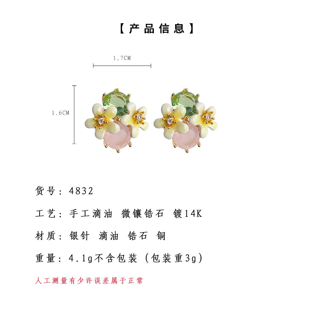 C廠【4832】森系清新甜美 仙氣質鍍14K玻璃水晶琺瑯滴油立體花朵耳環耳飾 24.09-2