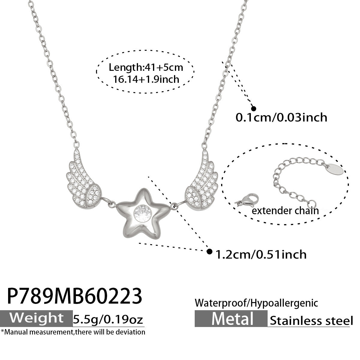 B廠【P789】歐美簡約時尚飾品5A鋯石五角星翅膀鎖骨鏈項鍊不鏽鋼鍍18k金配件
 26.03-2
