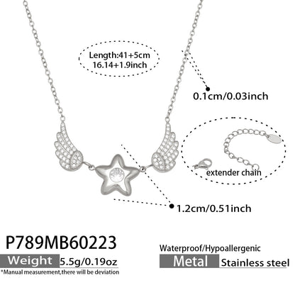 B廠【P789】歐美簡約時尚飾品5A鋯石五角星翅膀鎖骨鏈項鍊不鏽鋼鍍18k金配件
 26.03-2