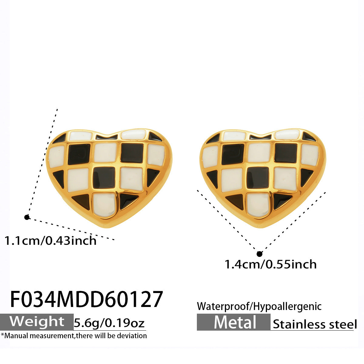 B廠【F034】INS簡約設計琺瑯彩釉棋盤格桃心耳環歐美時尚百搭耳環不銹鋼材質
 26.02-1