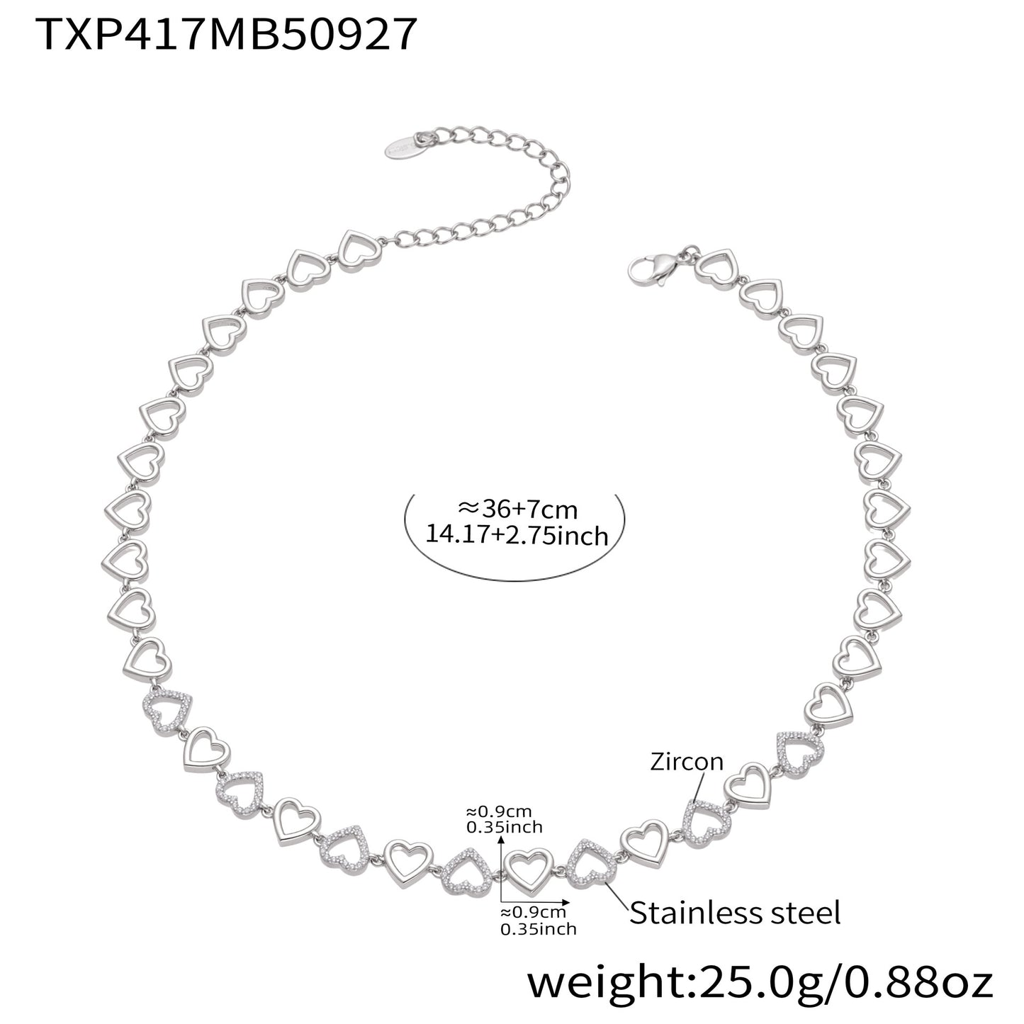 B廠【TXP417】跨境新款不鏽鋼滿鑽愛心手工鍊項鍊手鍊套組鍍18k真金飾品
 25.10-1