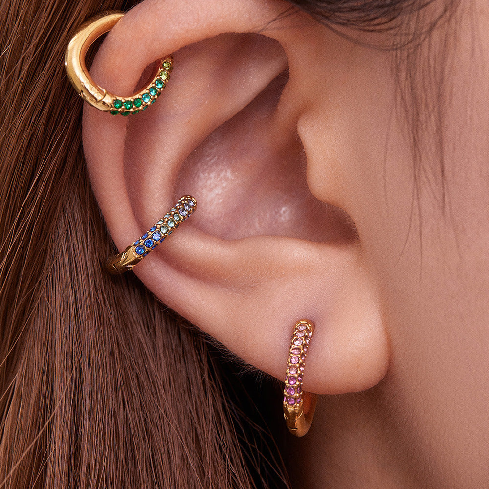 B廠【F752】超閃5A彩色鋯石小耳環卡扣耳飾不鏽鋼鍍18k真金跨境熱銷款
 25.11-1