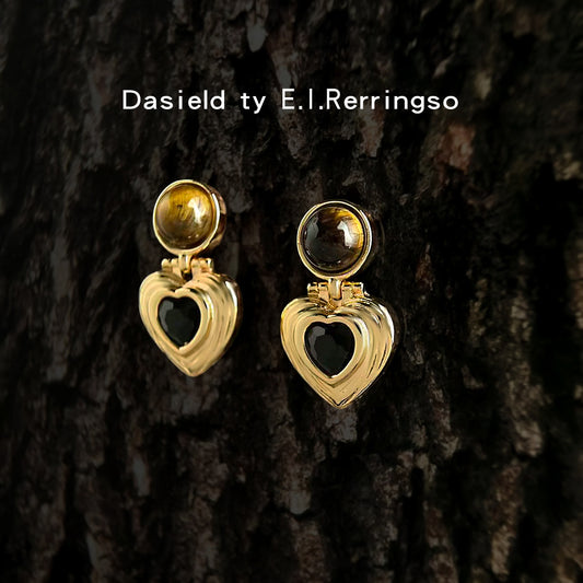 A廠【7187】秋冬爆款美拉德風文藝復古天然石虎眼石中古耳飾愛心幾何耳環
 25.12-1