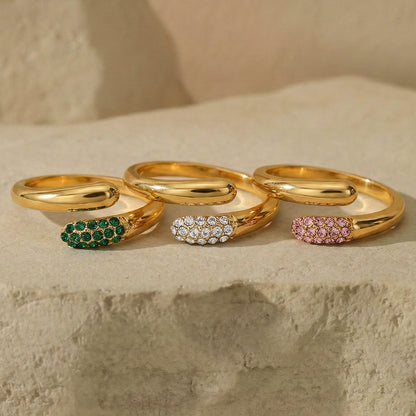 B廠【A002】跨國歐美ins時尚簡約粉綠白三色水鑽開口戒指不鏽鋼鍍18K真金飾品
 26.01-2