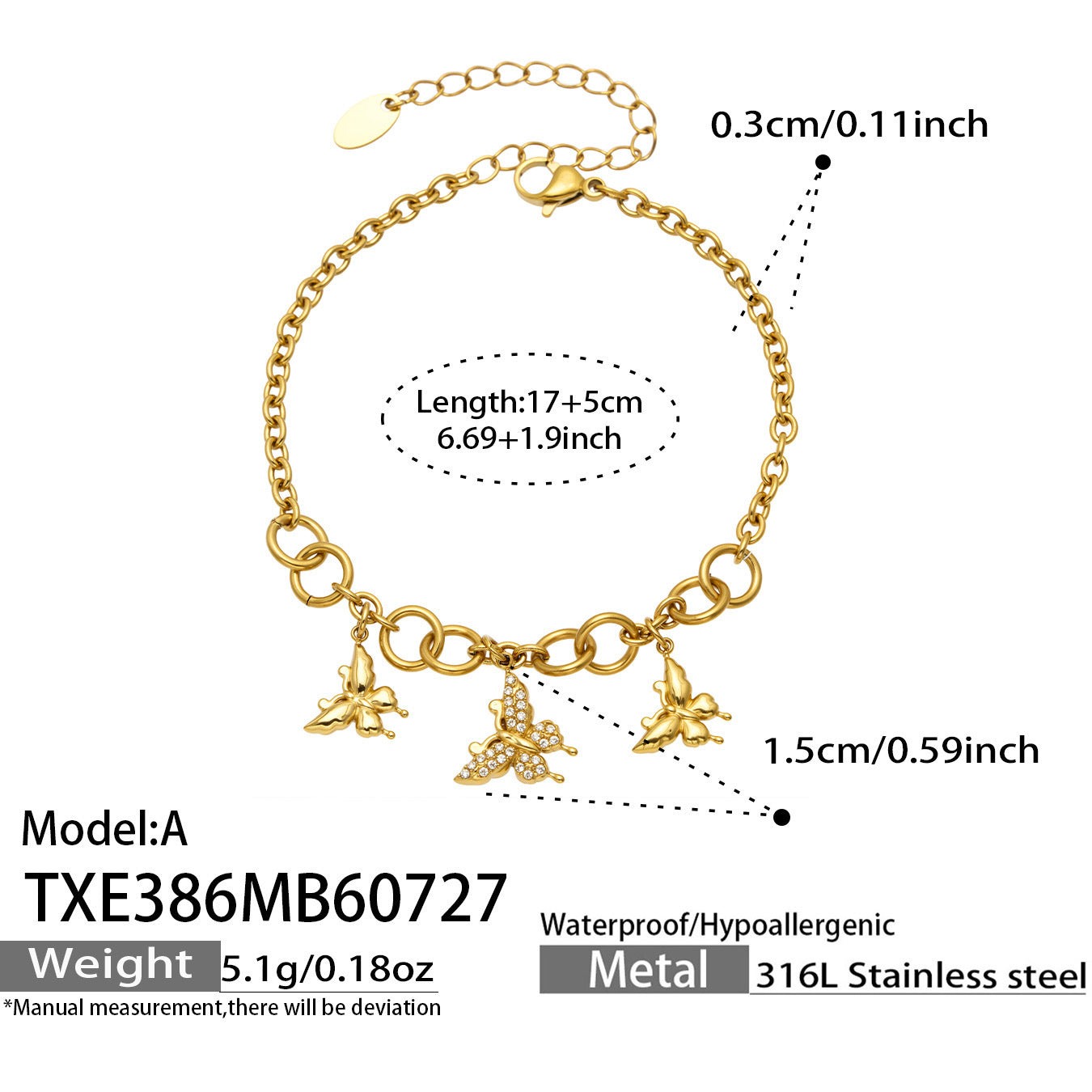 B廠【TXP386】夏日風蝴蝶圓珠吊墜項鍊手鍊 316不銹鋼鍍金輕奢高級感氣質飾品女
 26.07-5
