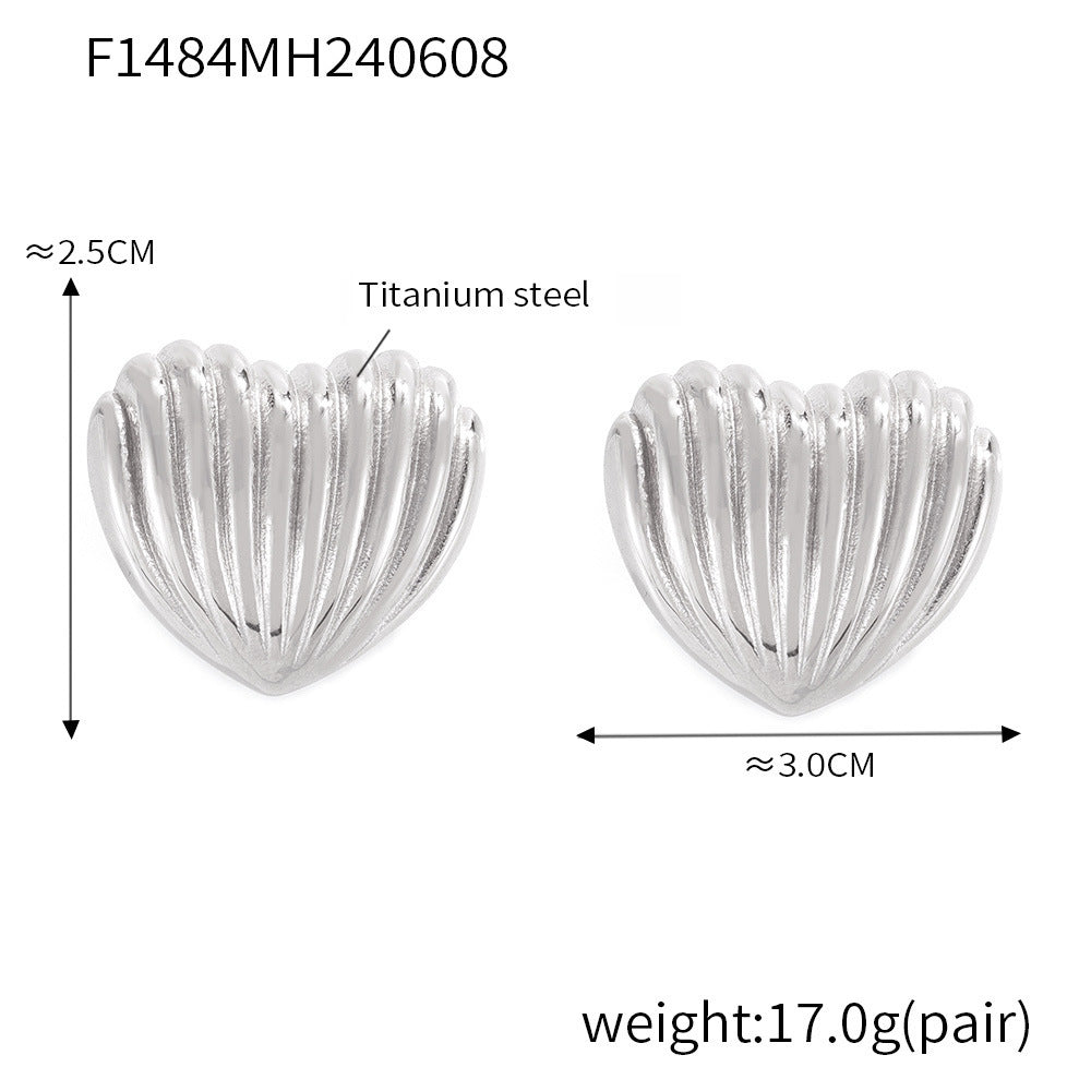 B廠【F1484】法式簡約線條紋理愛心耳環女復古vintage設計感氣質鈦鋼鍍金耳飾 24.06-3