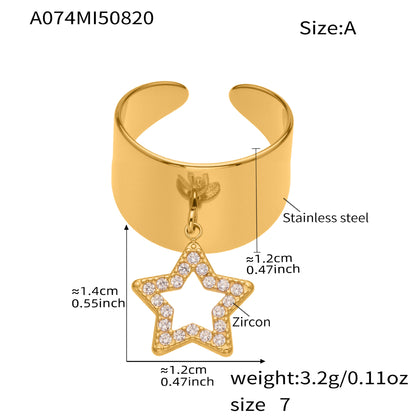 B廠【A074】跨境新不銹鋼寬面開口五角星八芒星鑲鋯石戒指鍍18k真金
 25.09-4
