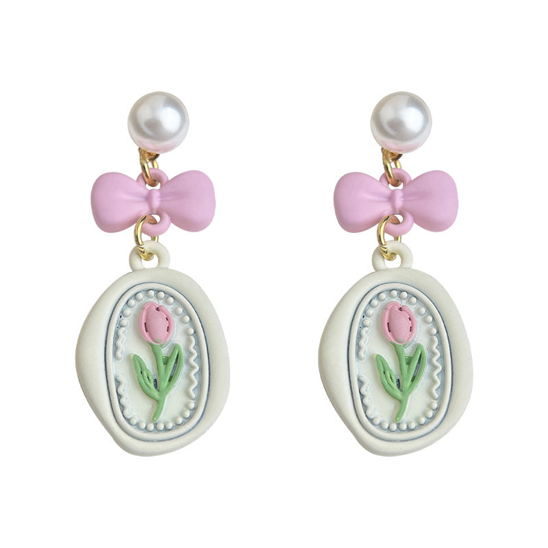 A廠【6258】小清新甜美烤漆粉紅蝴蝶結鬱金香耳環女優雅氣質長花耳環
 26.02-4