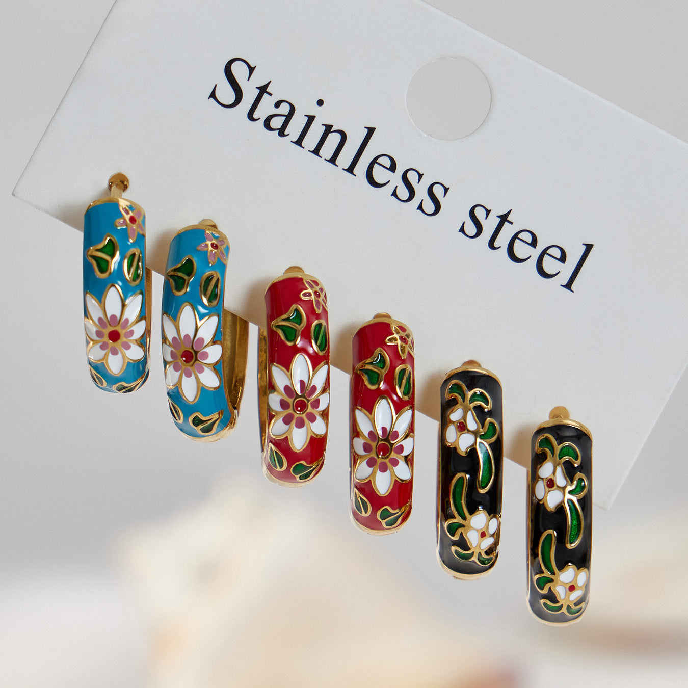 B廠【F1156】新中式琺瑯彩釉印花圓圈耳扣不銹鋼鍍18k真金彩色滴油花朵耳環女
 25.12-4