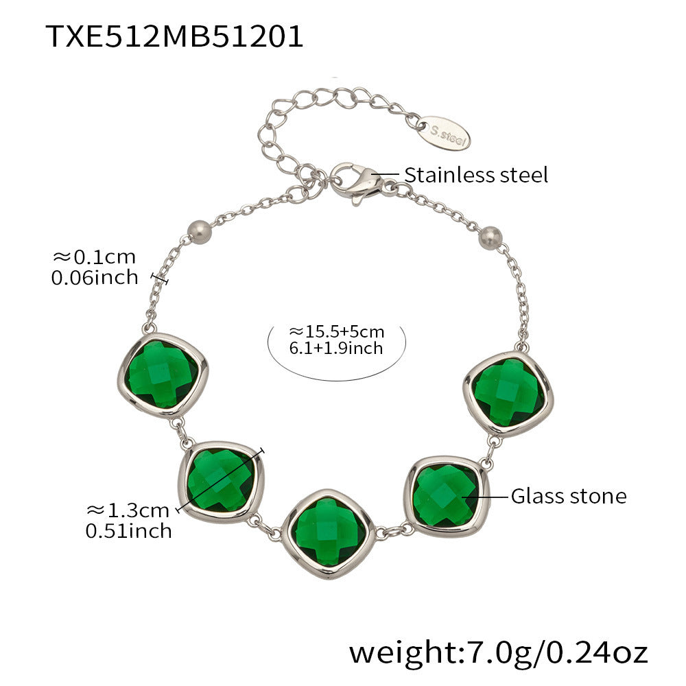 B廠【TXP512】不銹鋼正方形切面玻璃石手鍊項鍊耳環套裝歐美風潮酷氣質珠寶首飾
 25.12-2