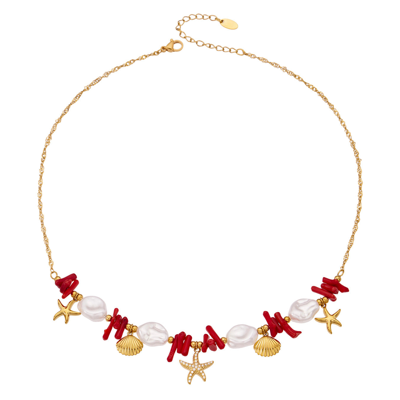 B廠【P1063】海邊度假滴油紅珊瑚海星多配件項鍊仿珍珠個性沙灘風不鏽鋼飾品
 26.06-1