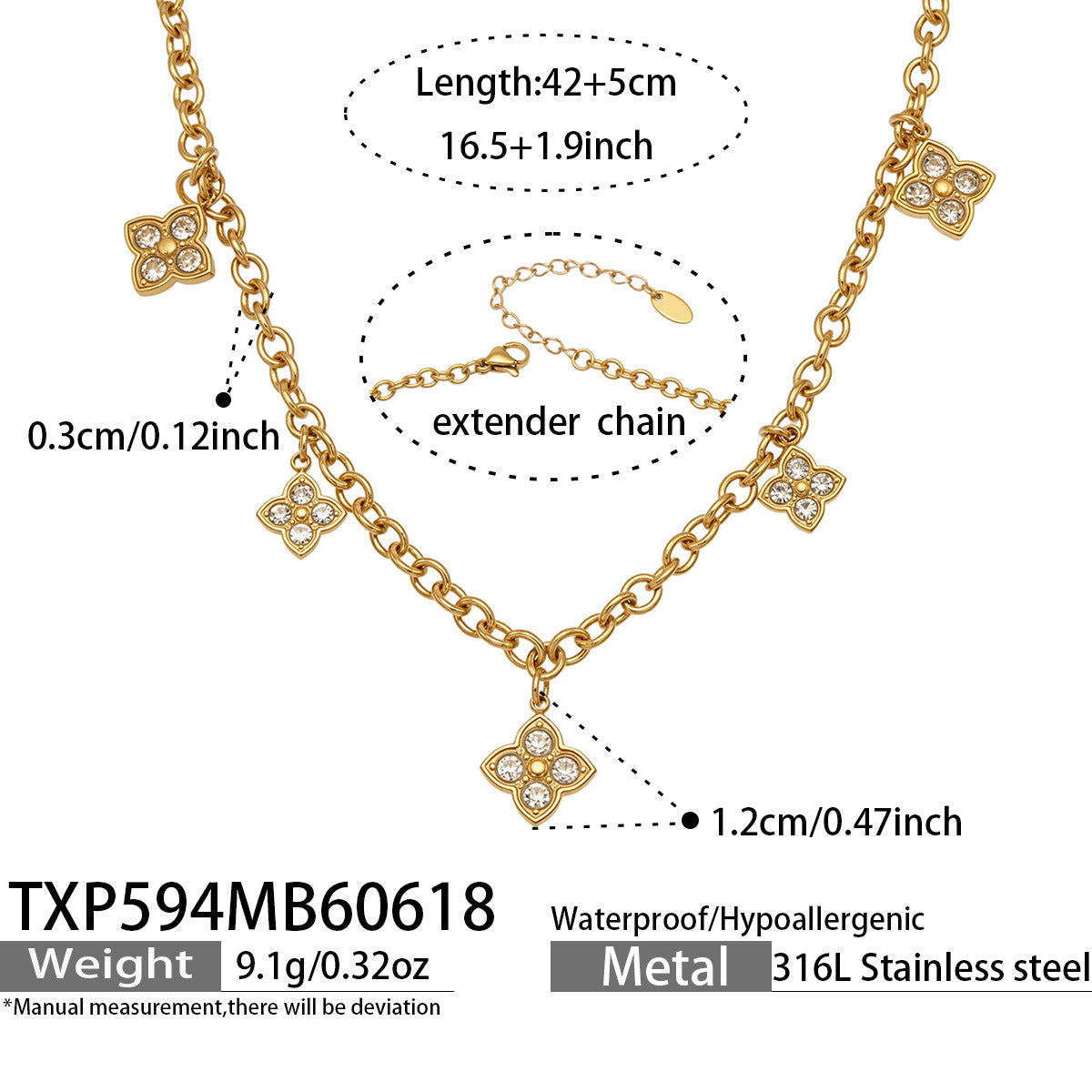 B廠【TXP594】歐美熱銷四葉花超閃滿鑽鋯石DIY多配件項鍊手鍊套組不鏽鋼鍍18k金
 26.06-4