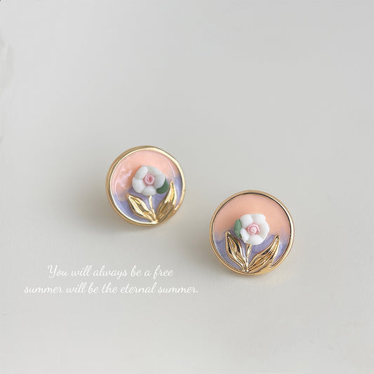 A廠【4691】清新甜美彩繪滴釉圓形幾何花朵耳環女鍍14K優雅耳環飾品
 26.02-4