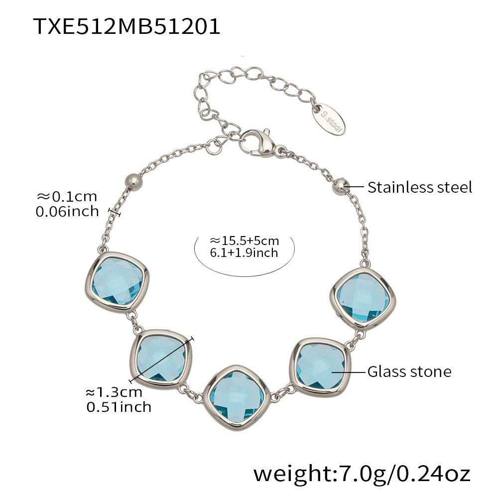 B廠【TXP512】不銹鋼正方形切面玻璃石手鍊項鍊耳環套裝歐美風潮酷氣質珠寶首飾
 25.12-2