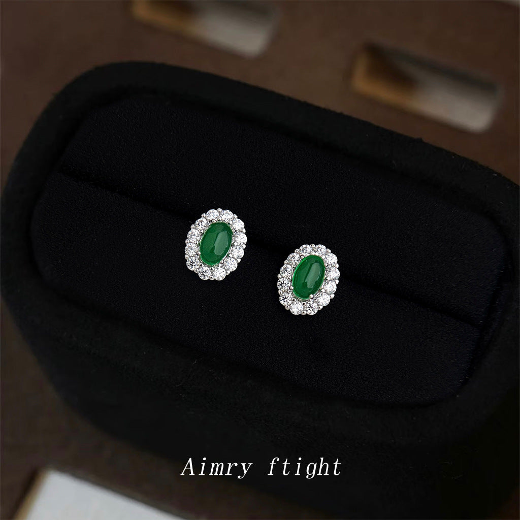 A廠【6876】高級感輕奢風微鑲鋯石925銀針橢圓祖母綠迷你小巧耳環女 氣質耳飾
 25.10-3