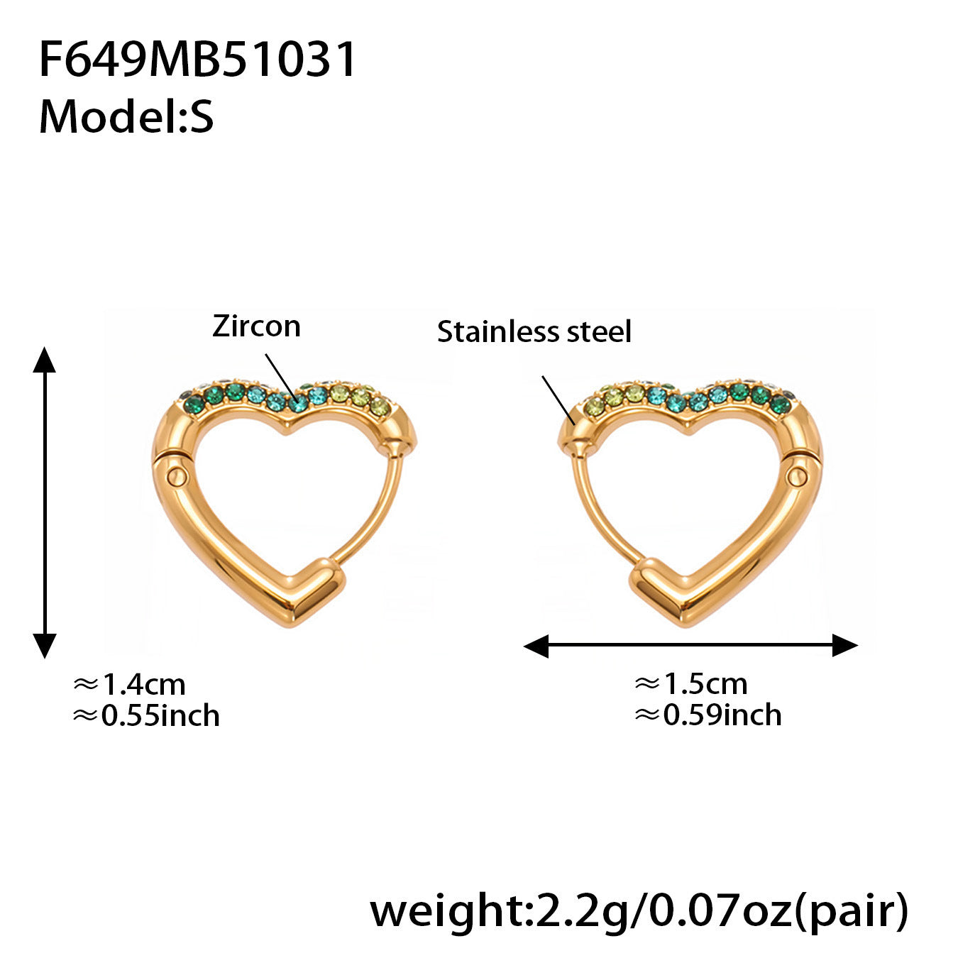 B廠【F649】跨境新款愛心彩色鋯石耳環耳環不鏽鋼鍍18k金時尚百搭耳飾
 25.11-1