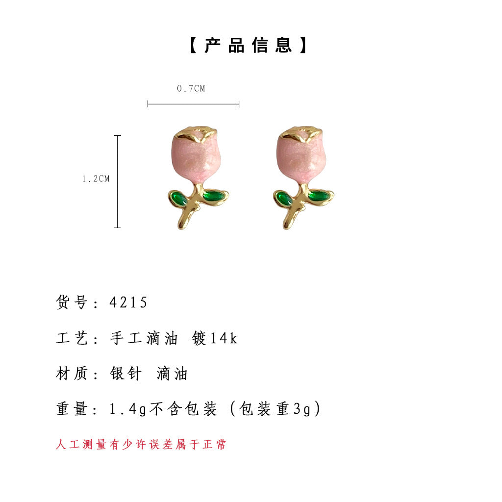 C廠【4215】小巧清新鍍14K甜美日韓簡約滴油玫瑰花通勤夏日配件耳環耳環 24.06-2