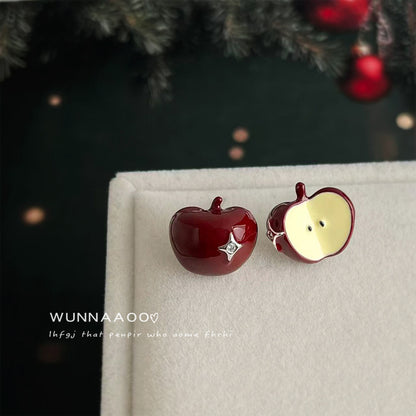 A廠【7174】創意ins風925銀針琺瑯滴釉酒紅色蘋果耳環不對稱個性AB款耳飾
 25.12-1